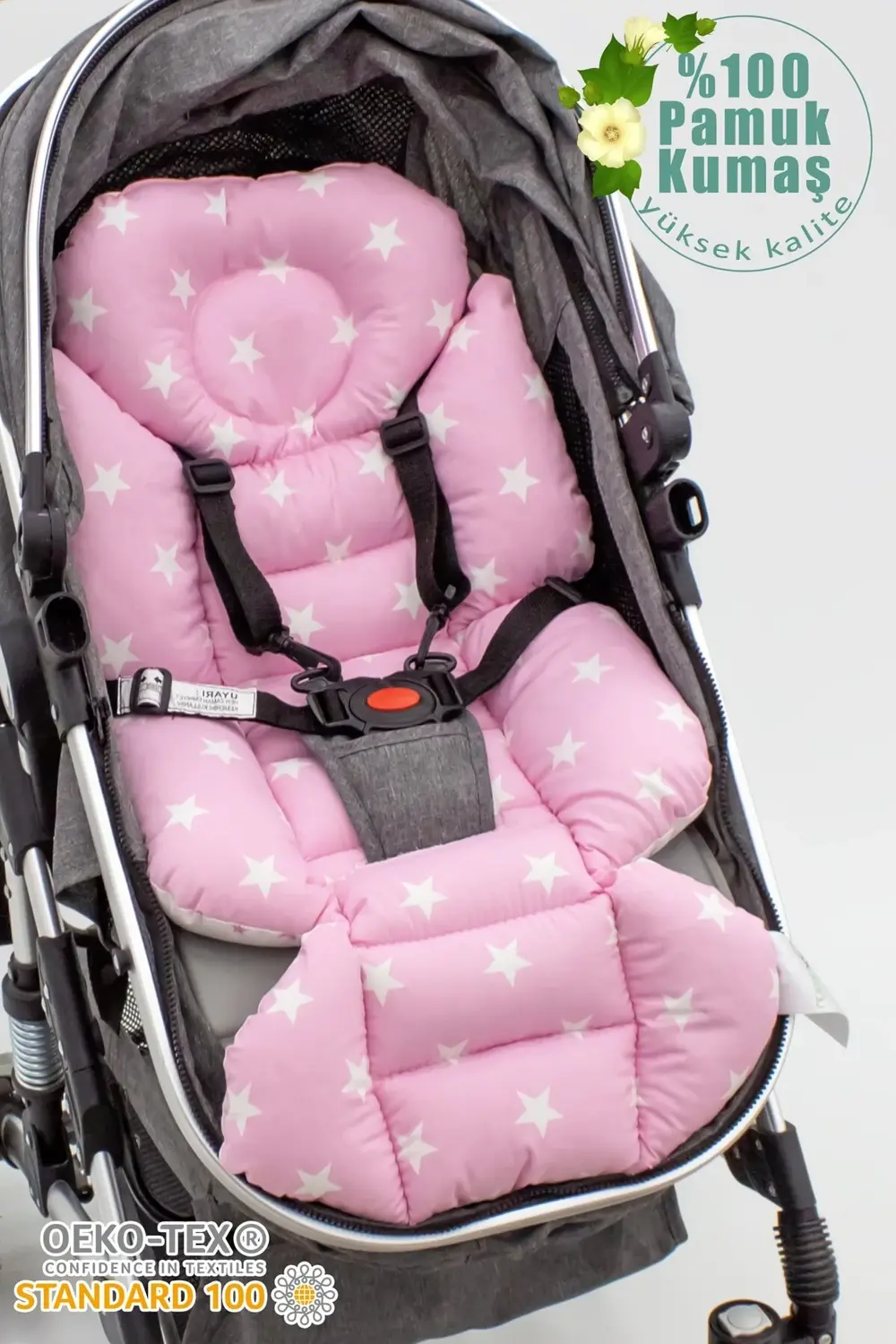 Mordesign Ortopedik Bebek Arabası Minder, Yıldız Desen, Çift Taraflı Pembe