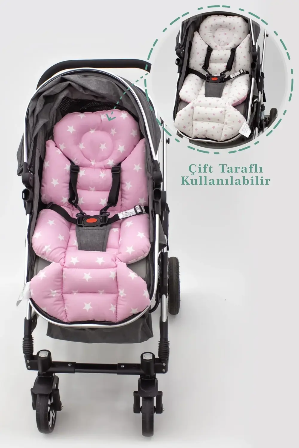 Mordesign Ortopedik Bebek Arabası Minder, Yıldız Desen, Çift Taraflı Pembe