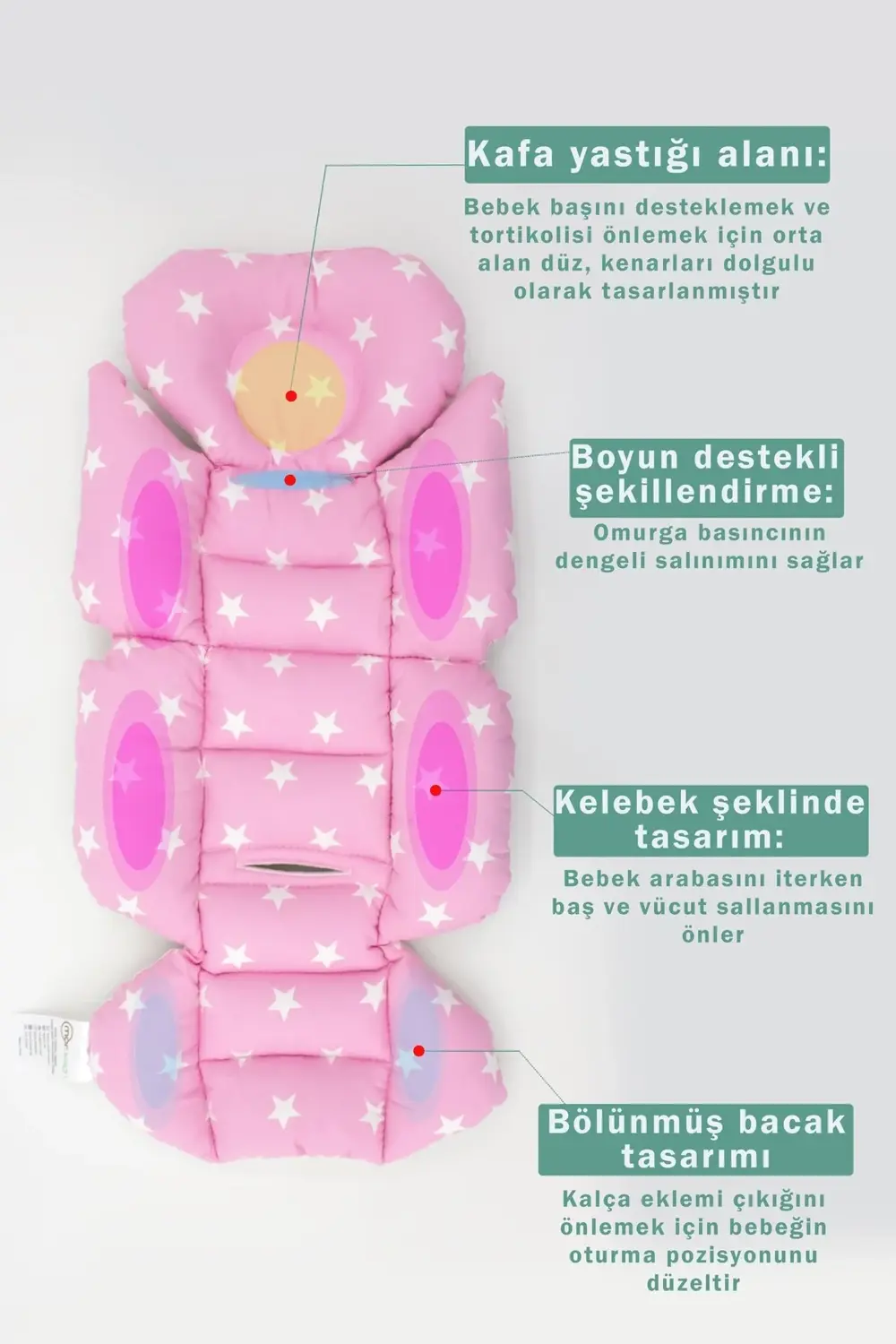 Mordesign Ortopedik Bebek Arabası Minder, Yıldız Desen, Çift Taraflı Pembe