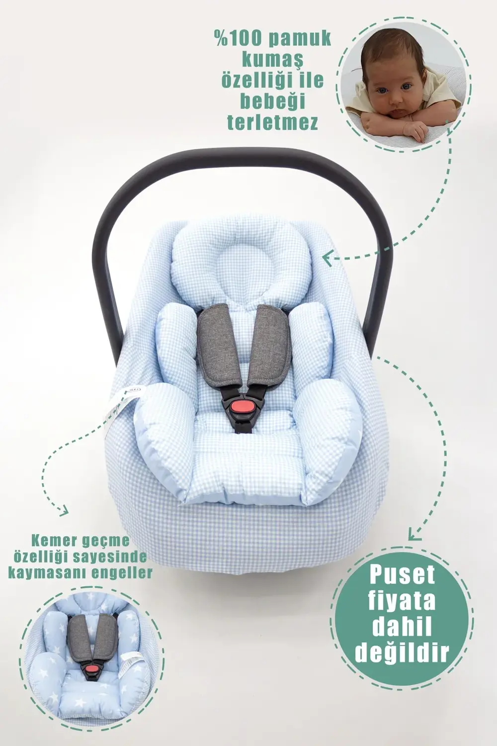 Mordesign Ortopedik Bebek Puset Minderi Ve Çarşaf, Pamuklu Kumaş, Ekose Ser