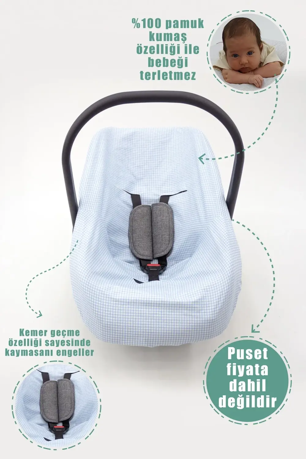 Mordesign Ortopedik Bebek Puset Minderi Ve Çarşaf, Pamuklu Kumaş, Ekose Ser