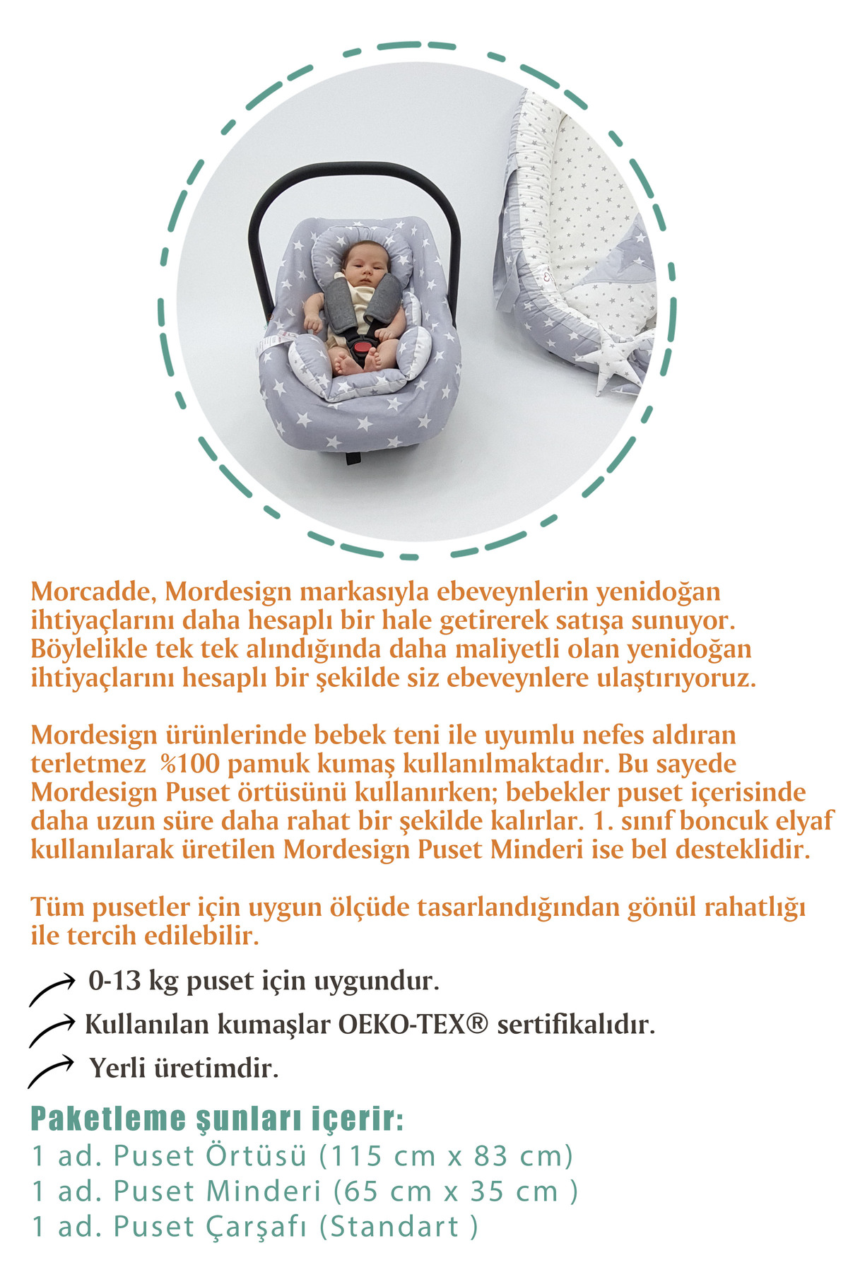 Mordesign Ortopedik Bel Destekli Bebek Puset Minderi, Örtü Ve Çarşaf 3'Lü S