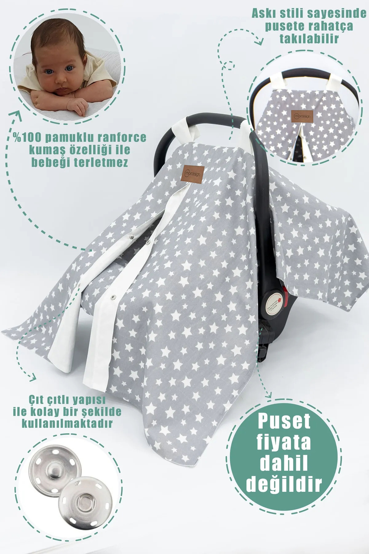 Mordesign Ortopedik Bel Destekli Bebek Puset Minderi, Örtü Ve Çarşaf 3' Lü
