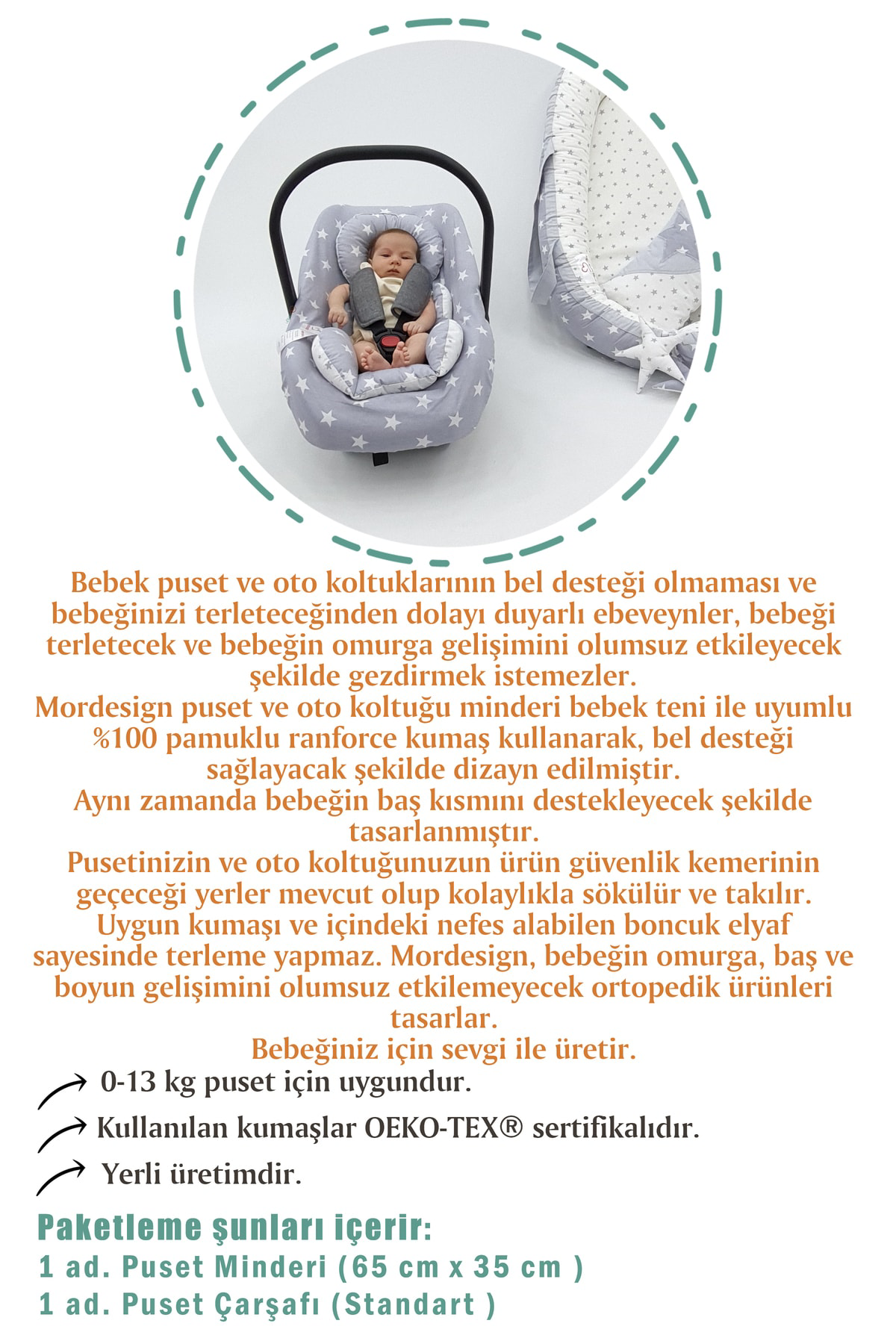 Mordesign Ortopedik Bel Destekli Bebek Puset Minderi Ve Çarşaf 2'Li Set, Çi