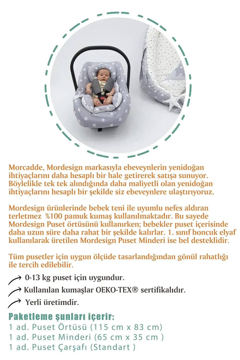 Mordesign Ortopedik Bel Destekli Bebek Puset Minderi, Örtü Ve Çarşaf 3'Lü S