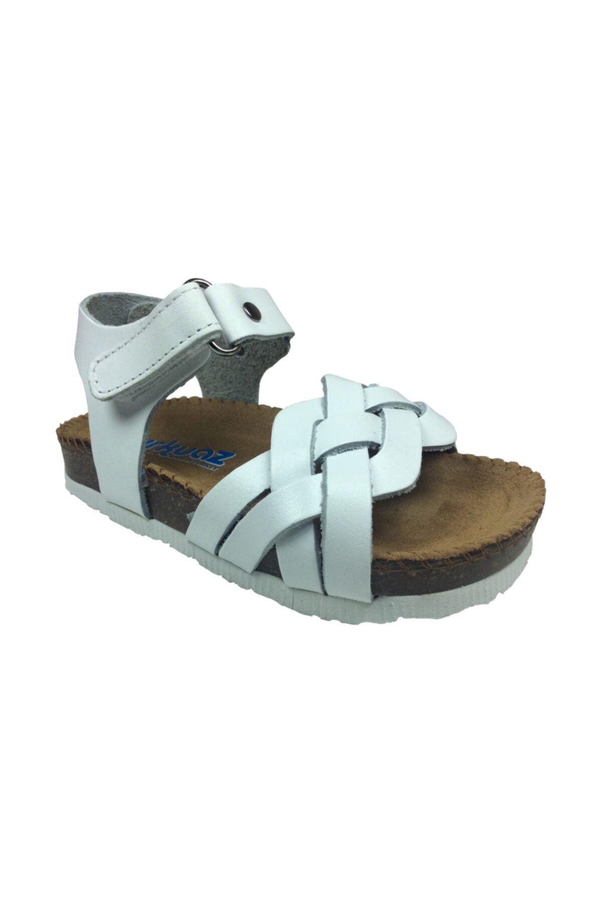 Ortopedikabebe Kız Sandalet Beyaz Önü Örgü Desen Bilekten Cırtlı