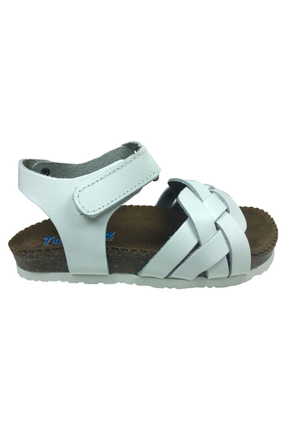 Ortopedikapatik Kız Sandalet Beyaz Önü Örgü Desen Bilekten Cırtlı