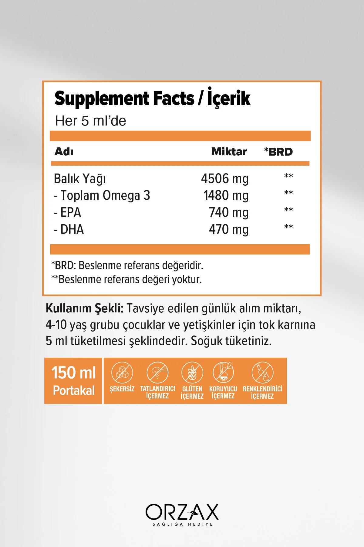 Orzax Balık Yağı Şurubu Portakal Aromalı 150ml