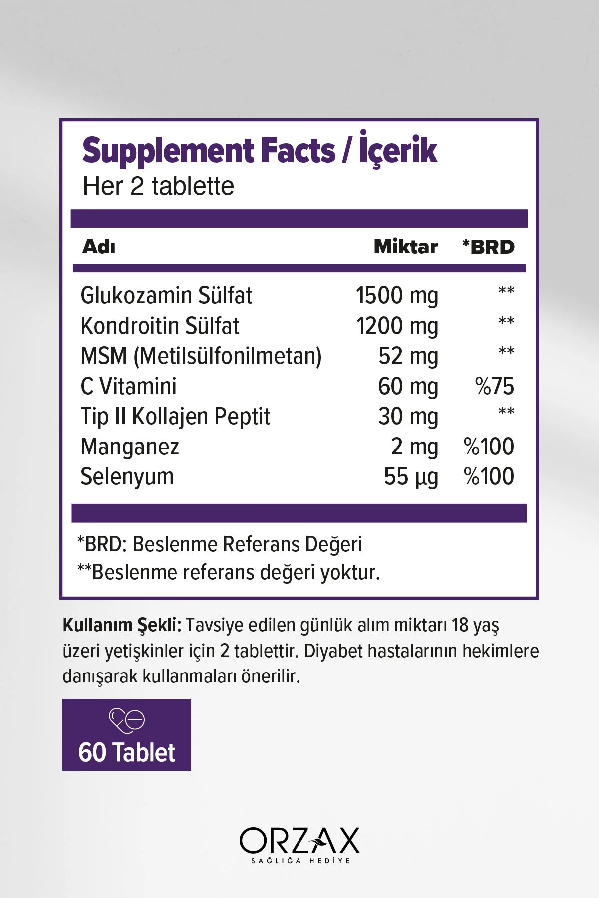 Orzax Cosakondrin PLUS (Tip 2 Kolajen-Glukozamin-Kondroitin-C Vitamini-Manganez-Selenyum) 60 Tablet