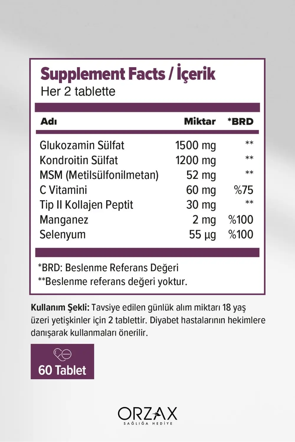 Orzax Cosakondrin Plus 60 Tablet x 2 Adet