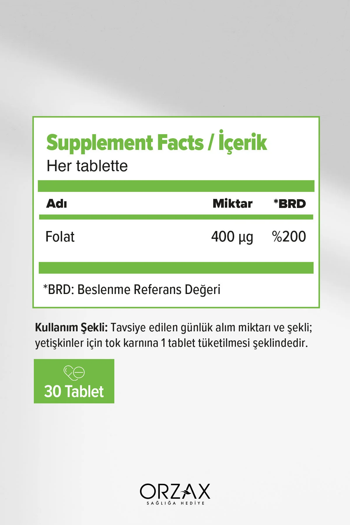 Orzax Methyl Folat Folik Asit 30 Tablet