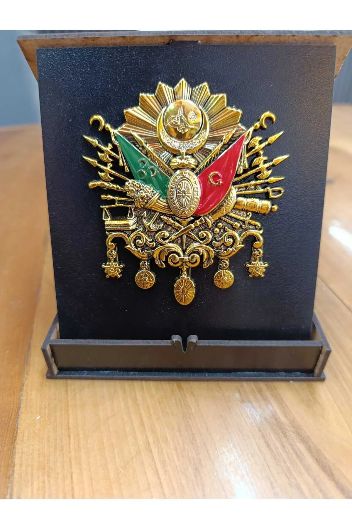 Osmanlı Tuğra Bayrak Masaüstü ve Dolap Üzeri MDF Şilt - 14 cm x 1