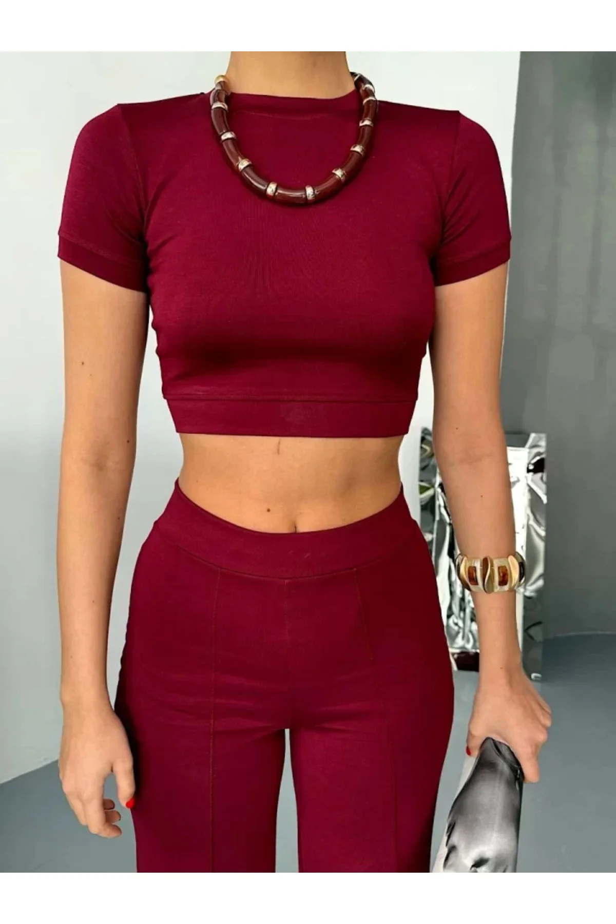 Osy Modal Yumuşak Dokulu Kumaş Kısa Kollu Crop Alt Ispanyol Paça 