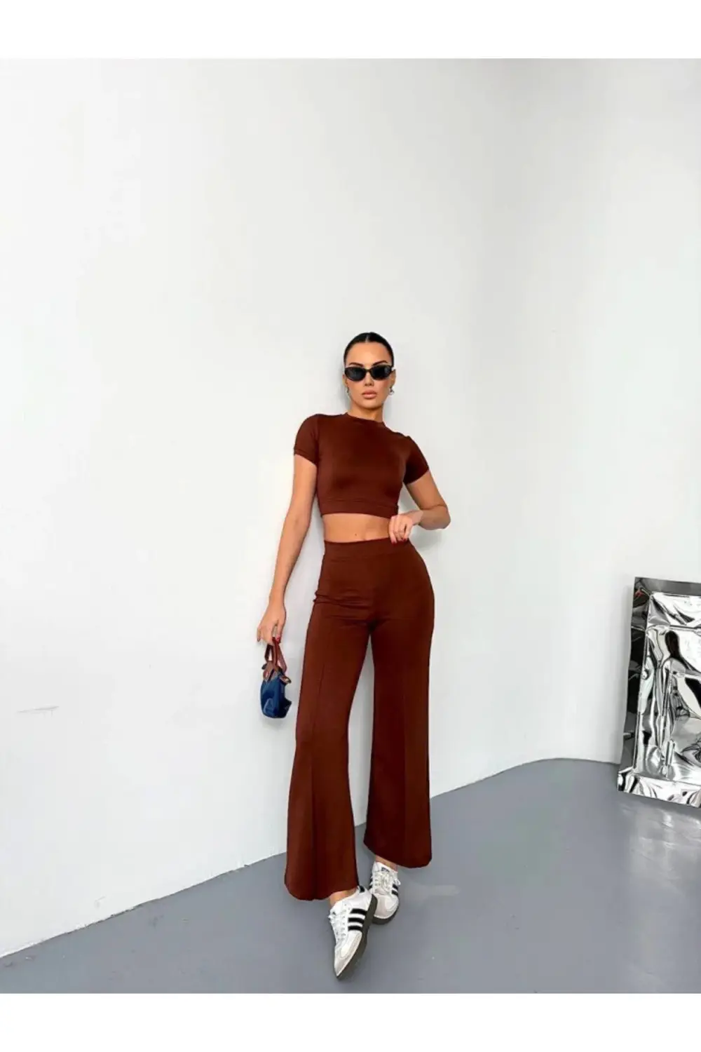 Osy Modal Yumuşak Dokulu Kumaş Kısa Kollu Crop Alt Ispanyol Paça