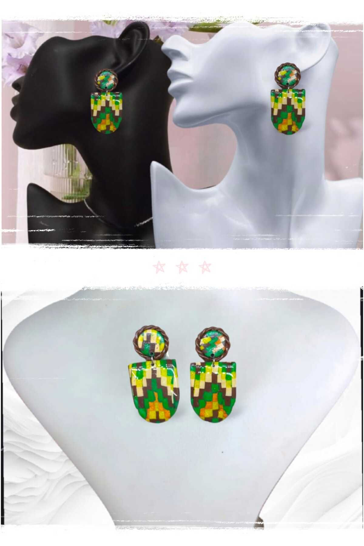 Otantik Renkli Polimer Kil Tasarım Çivi Küpe