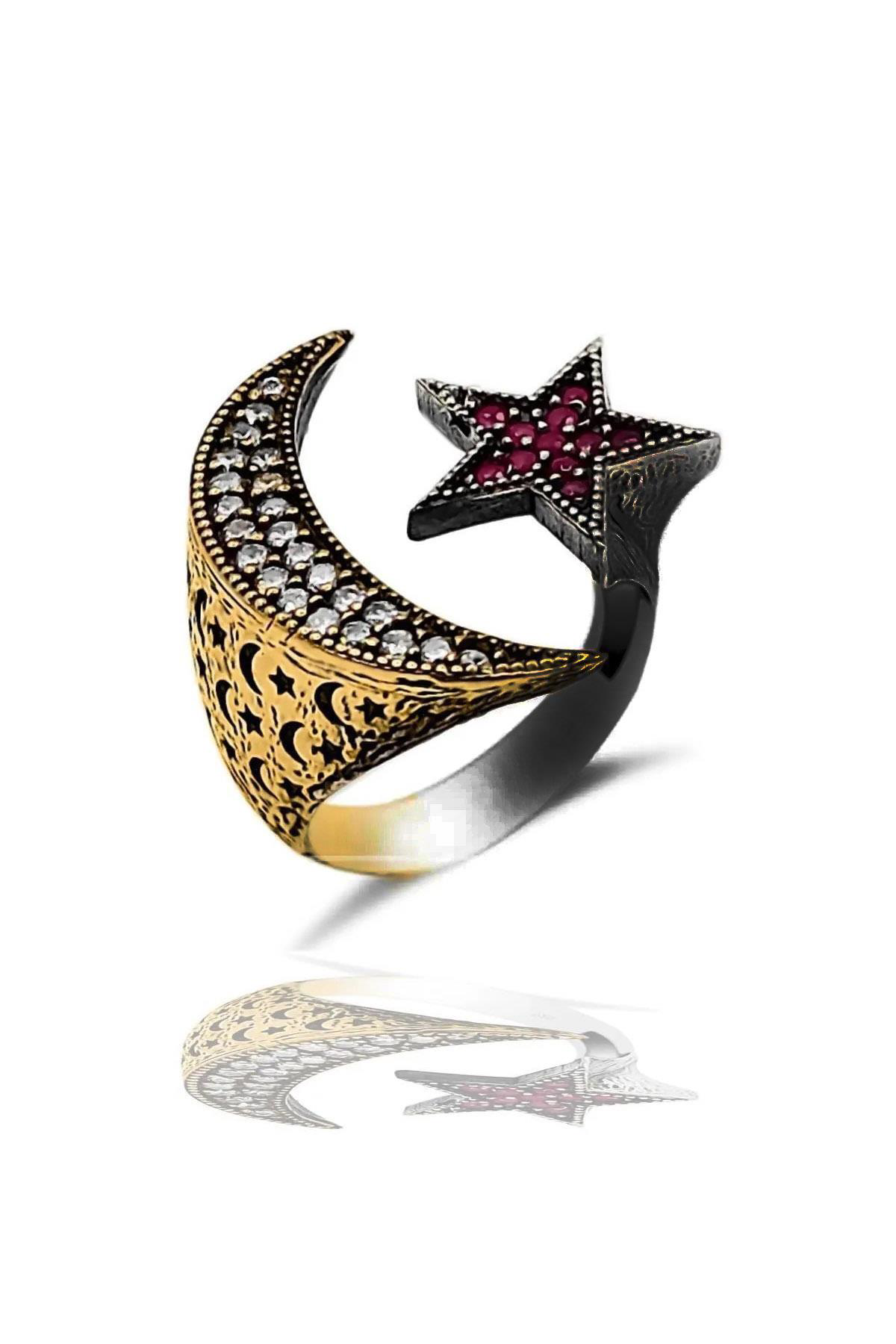 Beyisa Otantik Serisi Ayyıldız Kırmızı Beyaz Zirkon Taşlı Kadın Yüzük