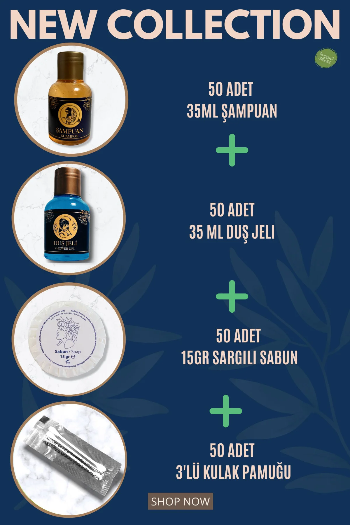 Otel Şampuanı + Duş Jeli + Sabunu + 3'lü Kulak Pamuğu 50'li Set E