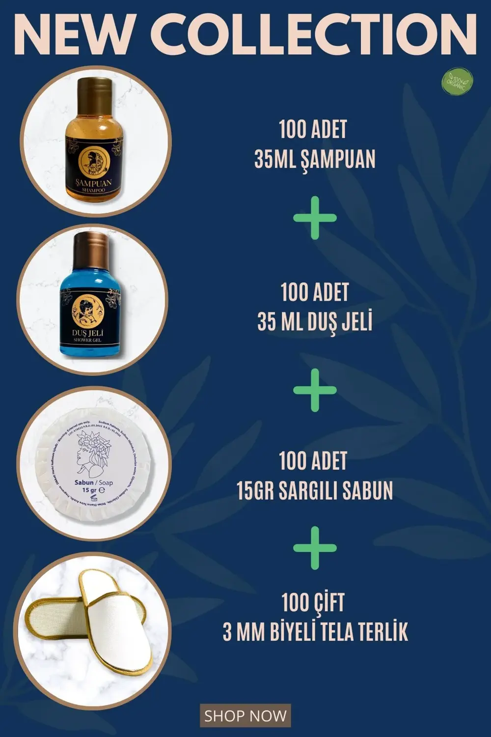 Otel Şampuanı + Duş Jeli + Sabunu + Terlik 100'lü Set Etiketli