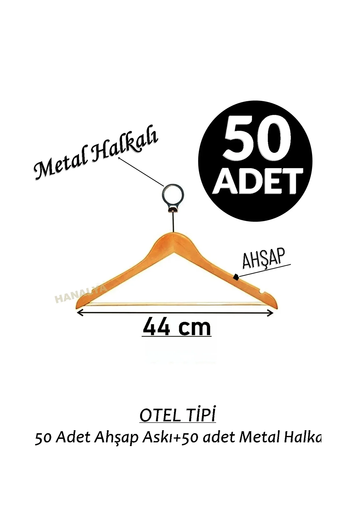 OTEL TİPİ AHSAP ASKI (50 ADET METAL HALKA+50 ADET AHŞAP ASKI)