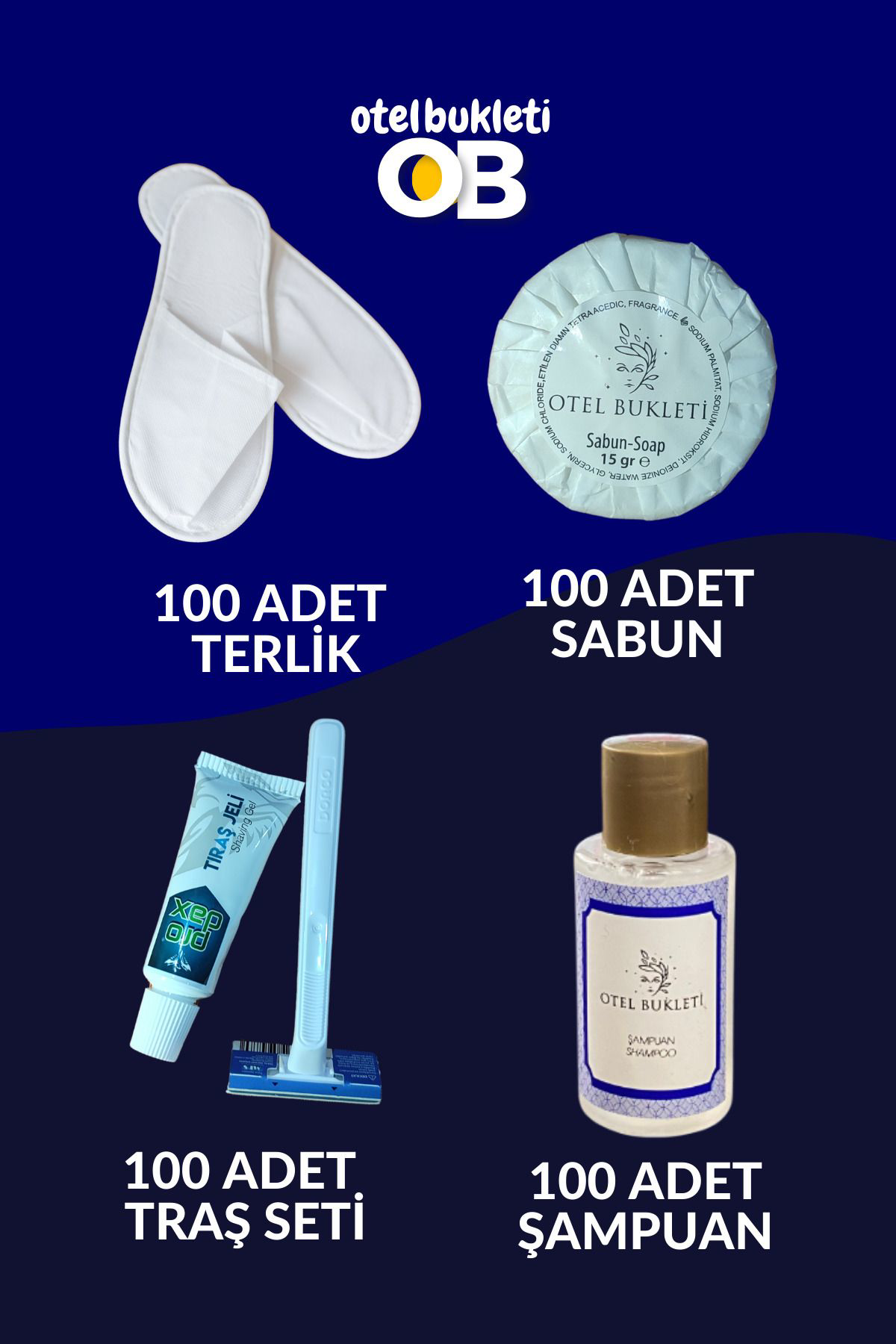 Otel Bukleti Otel Tipi Etiketli Şampuan + Sabun + Terlik + Tıraş Seti 400 Adet