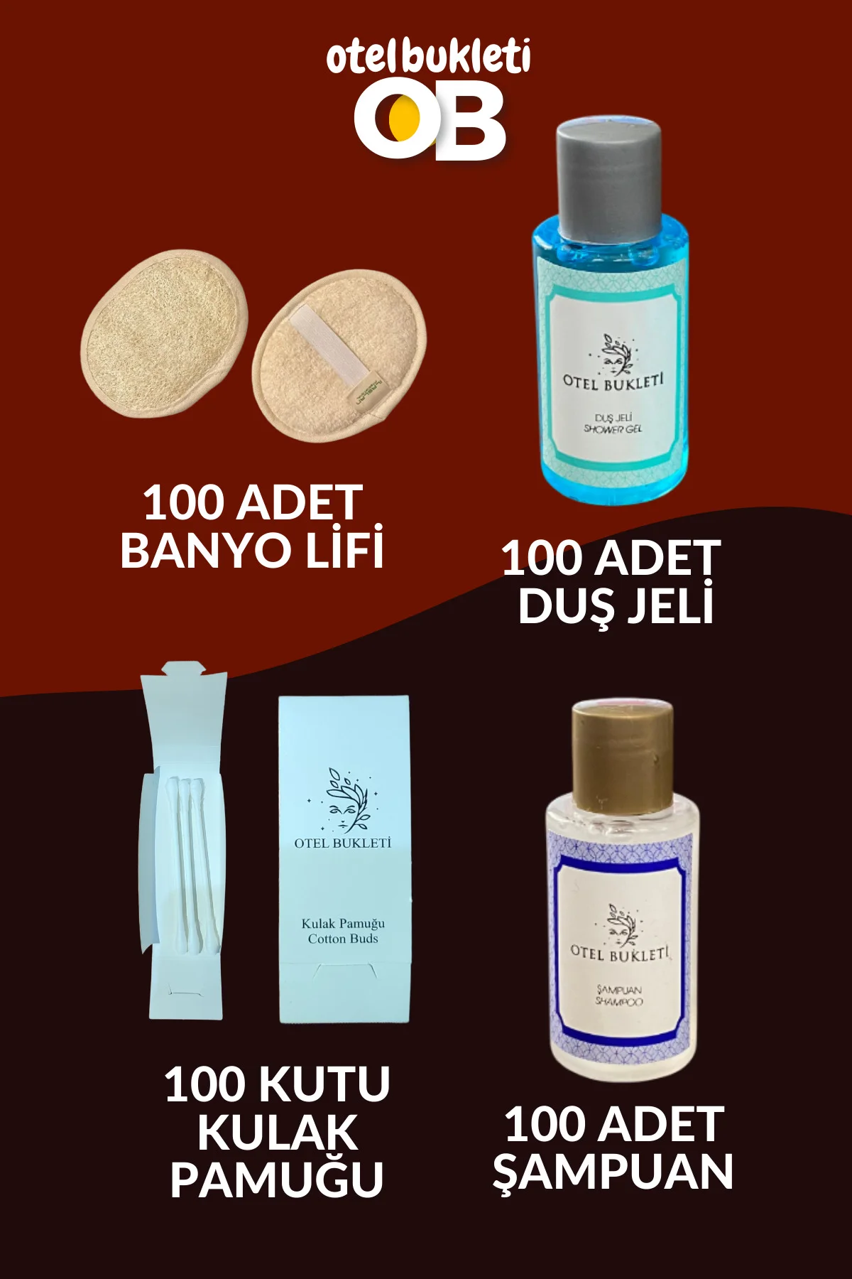 Otel Tipi Etiketli Kulak Pamuğu + Banyo Lifi + Duş Jeli + Şampuan 400 Adet Seyahat Boy Set