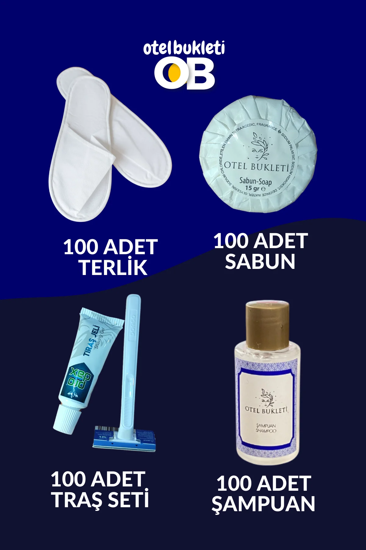 Otel Tipi Etiketli Şampuan + Sabun + Terlik + Tıraş Seti 400 Adet