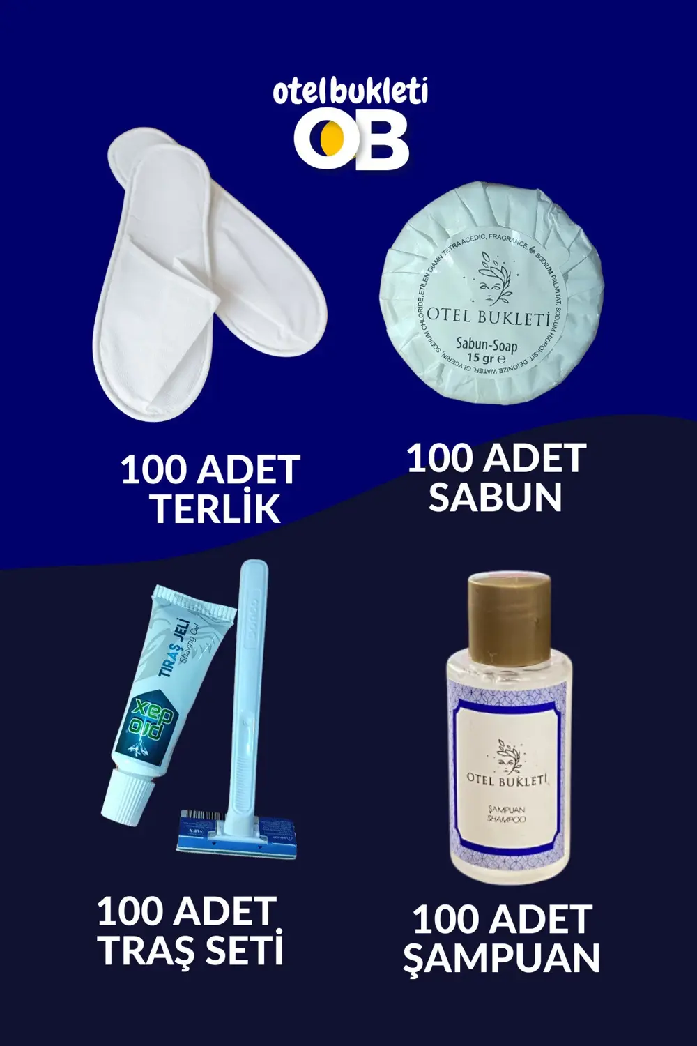 Otel Tipi Etiketli Şampuan + Sabun + Terlik + Tıraş Seti 400 Adet