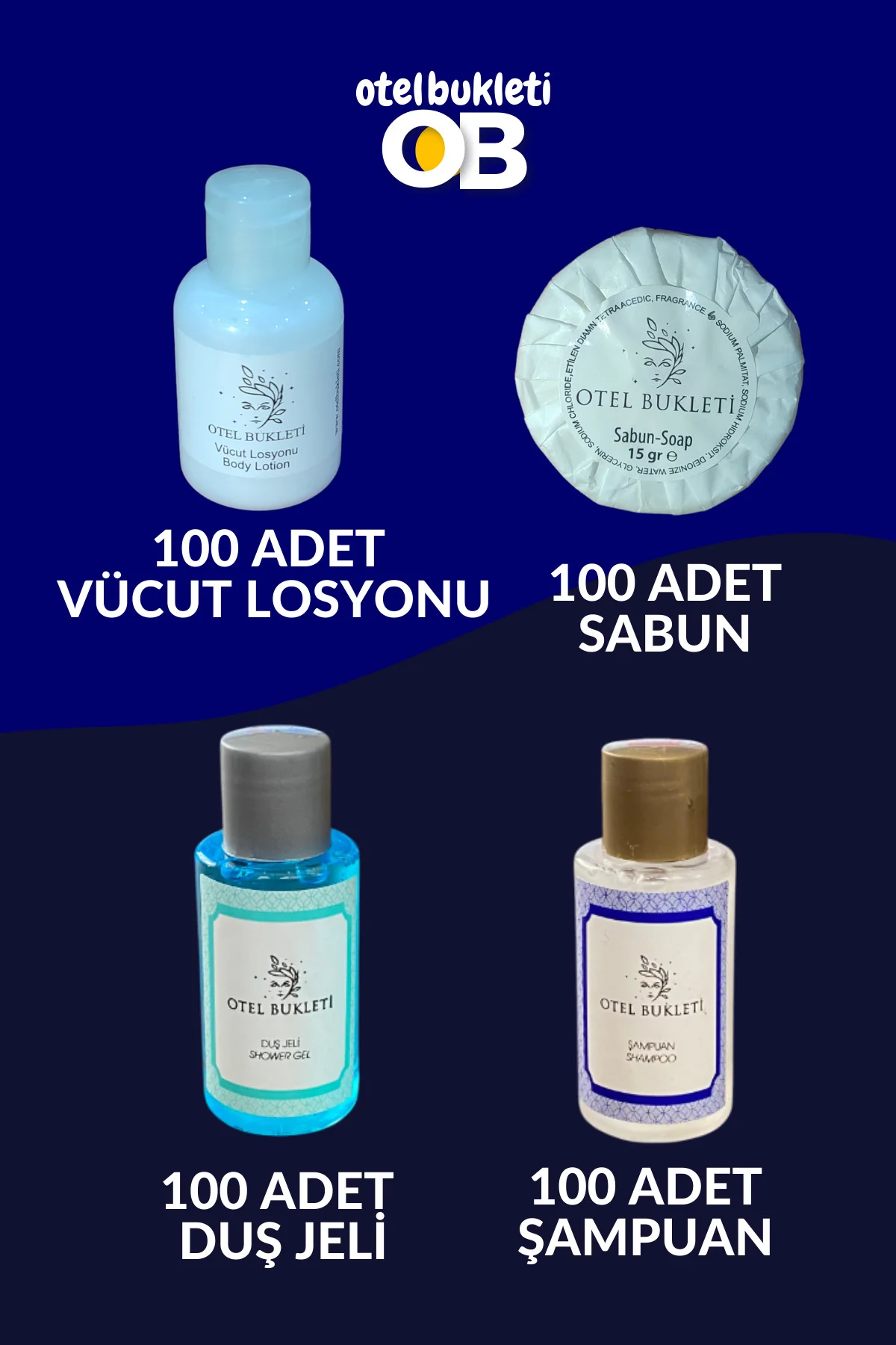 Otel Tipi Etiketli Vücut Losyonu + Sabun + Şampuan + Duş Jeli 400