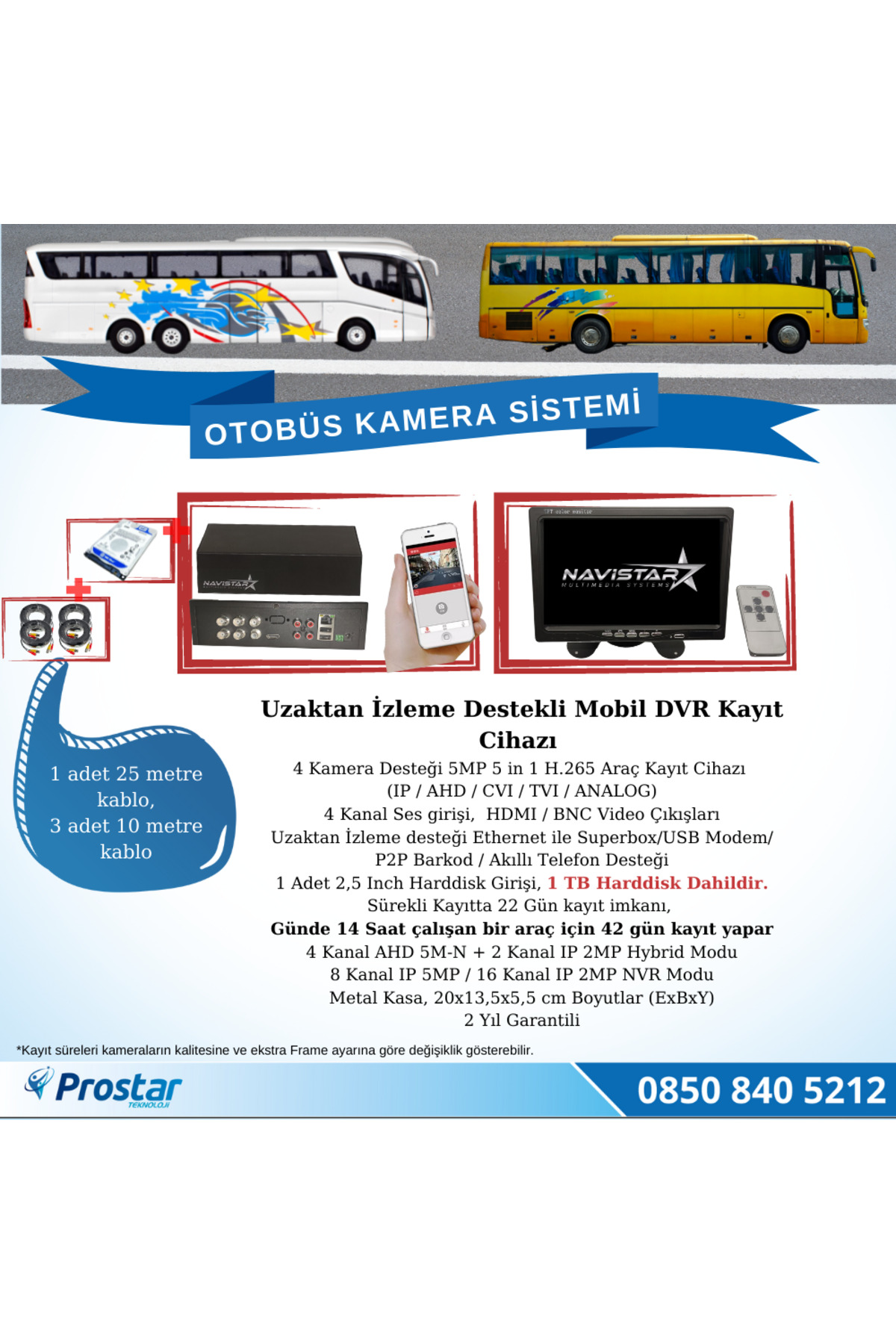Navistar Otobüsler İçin Kayıtlı 4 Kameralı 1 Tb Harddiskli Kamera Seti