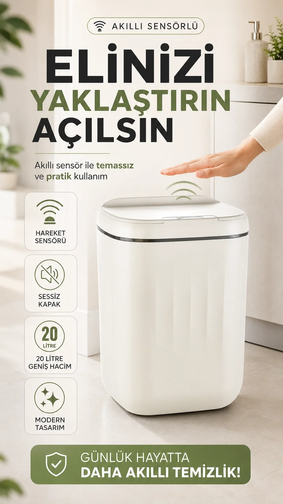 Otomatik Açılıp Kapanan Kapak Sensörlü Çöp Kutusu 20 Litre İç Hacim Geniş Büyük Boy