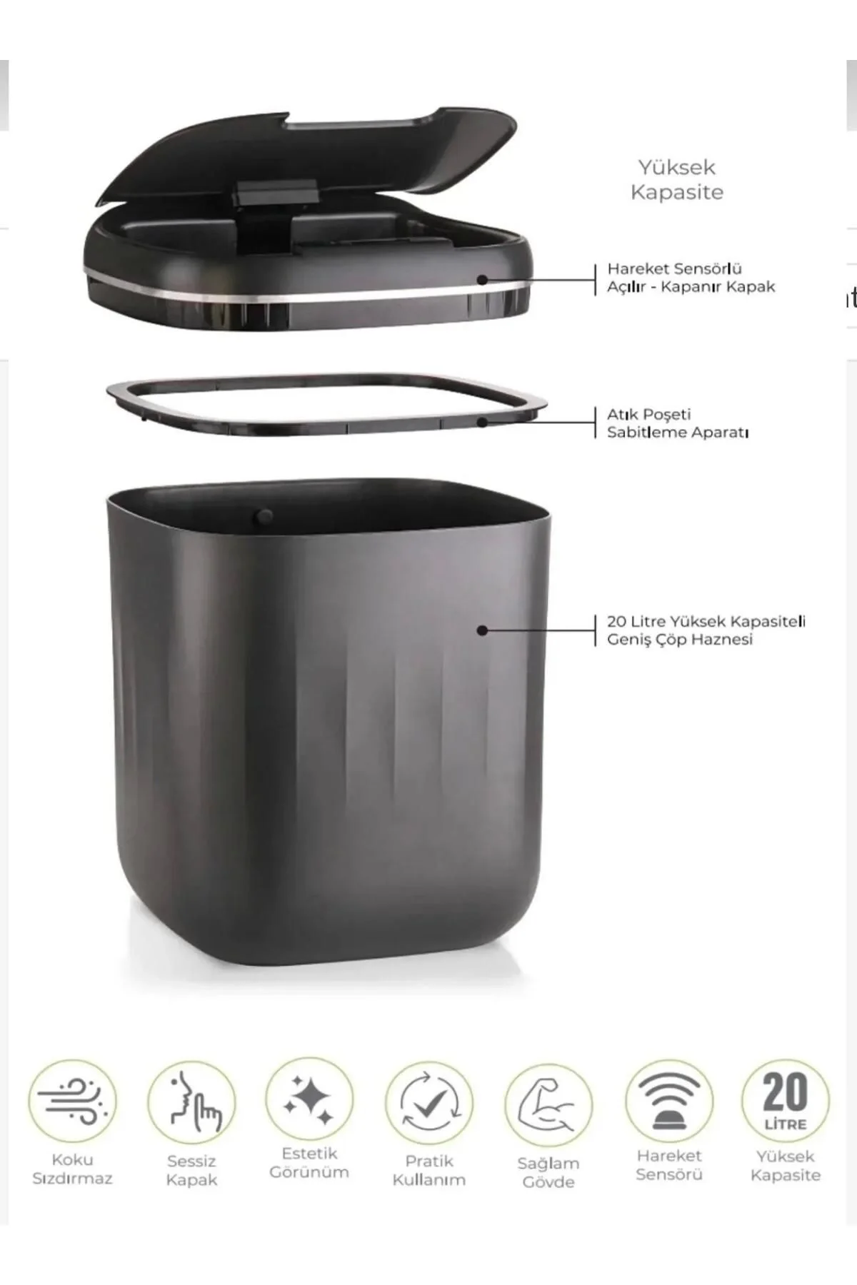 Otomatik Hareket Sensörlü Akıllı Çöp Kovası – 20 Litre Sessiz ve Hijyenik Kullanım