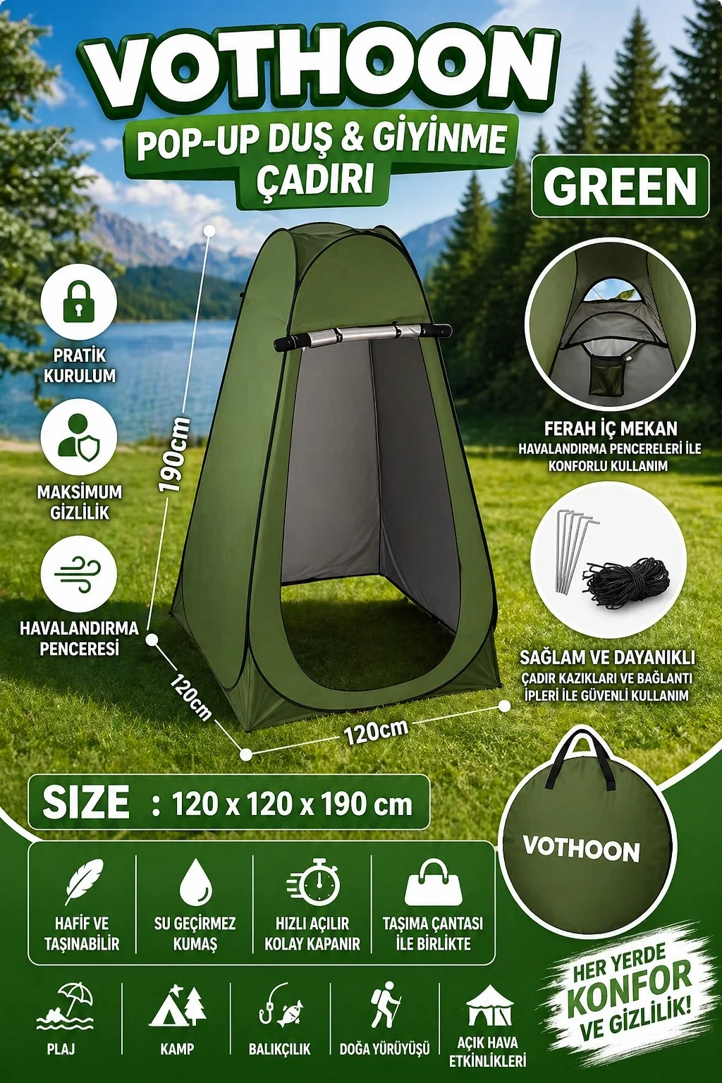 Otomatik Kabin Giyinme Çadırı 120x120x190 Cm Üst Havalandırma Yan Pencereli Duş & Wc Çadırı Otomatik Kabin Giyinme Çadırı 120x120x190 Cm Üst Havalandırma Yan Pencereli Duş & Wc Çadırı