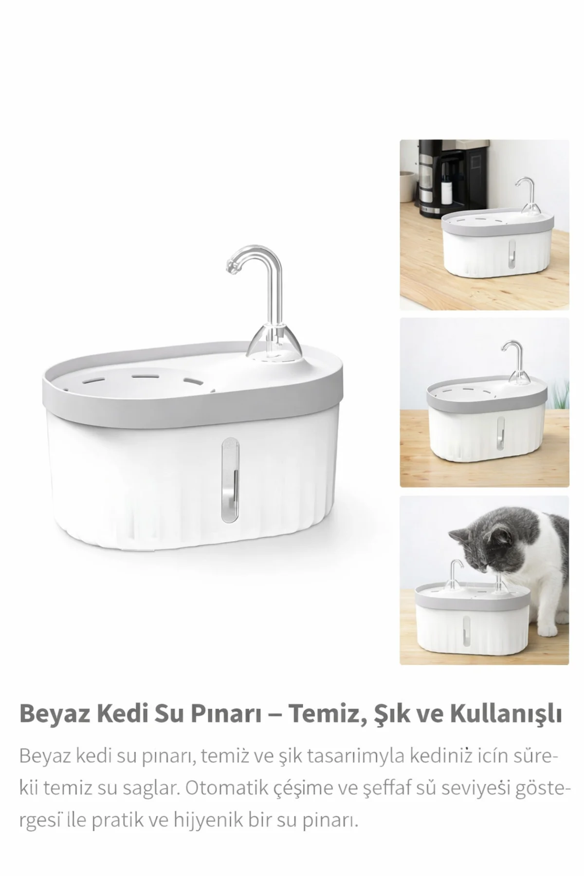 Otomatik Kedi Su Pınarı Sessiz Filtreli, Şeffaf Su Seviye Göstergeli Kaymaz Tabanlı Kedi Su Kabı