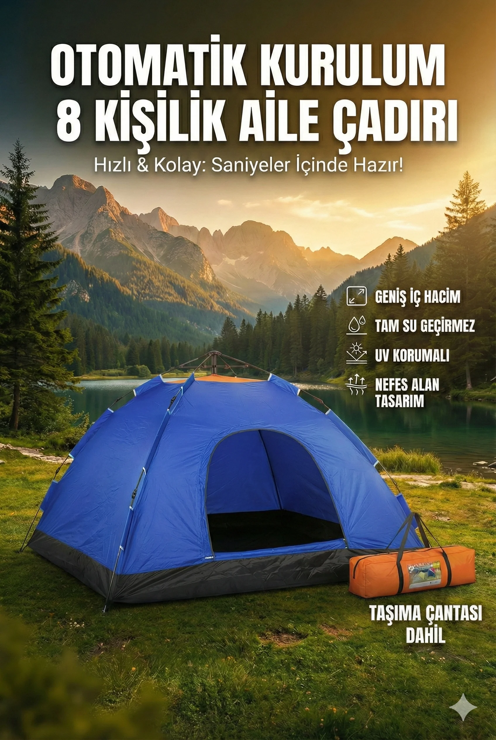 Otomatik Kurulumlu Kamp Çadırı 8 Kişilik (250x250x165) cm