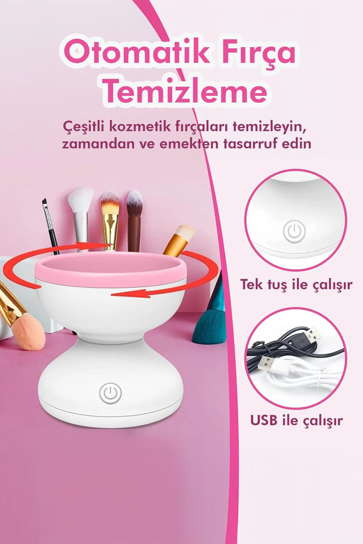 Otomatik Makyaj Fırça Yıkama Makinesi USB Şarjlı Pratik ve Hızlı 