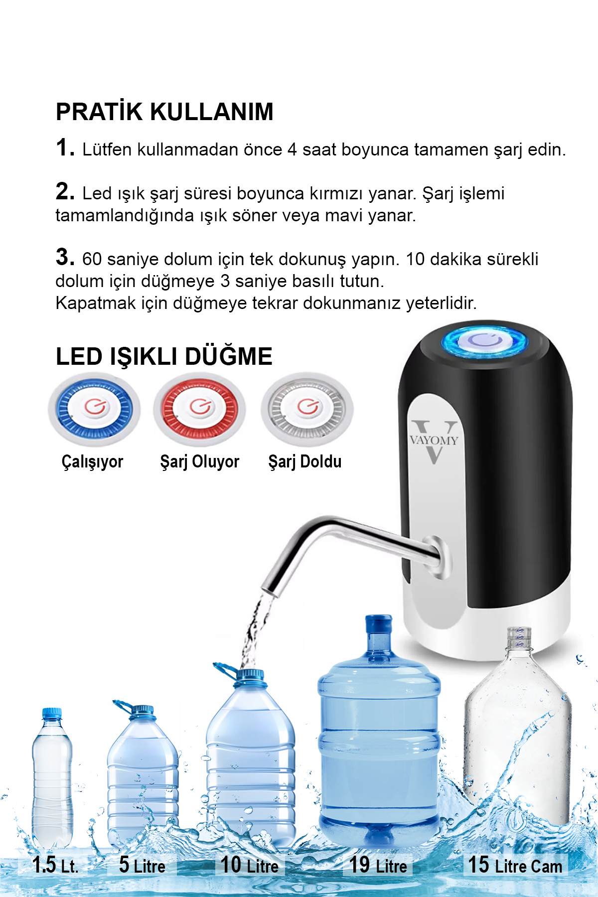 Otomatik Şarjlı Damacana Su Pompası ve Şarj Kablosu Otomatik Şarj