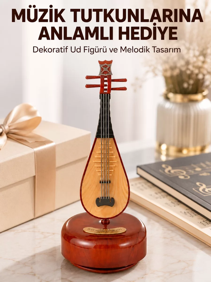 Oud Figürlü Melodi Çalan Dekoratif Müzik Kutusu - Eşsiz Ahşap Tasarım