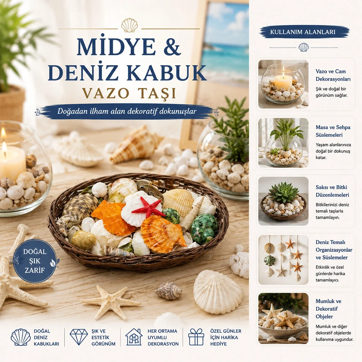 Oval Ahşap Sepet Renkli Mix Midye - Deniz Kabuk Vazo Taşı Bx40 Fiyatı, Yorumları ve Özellikleri