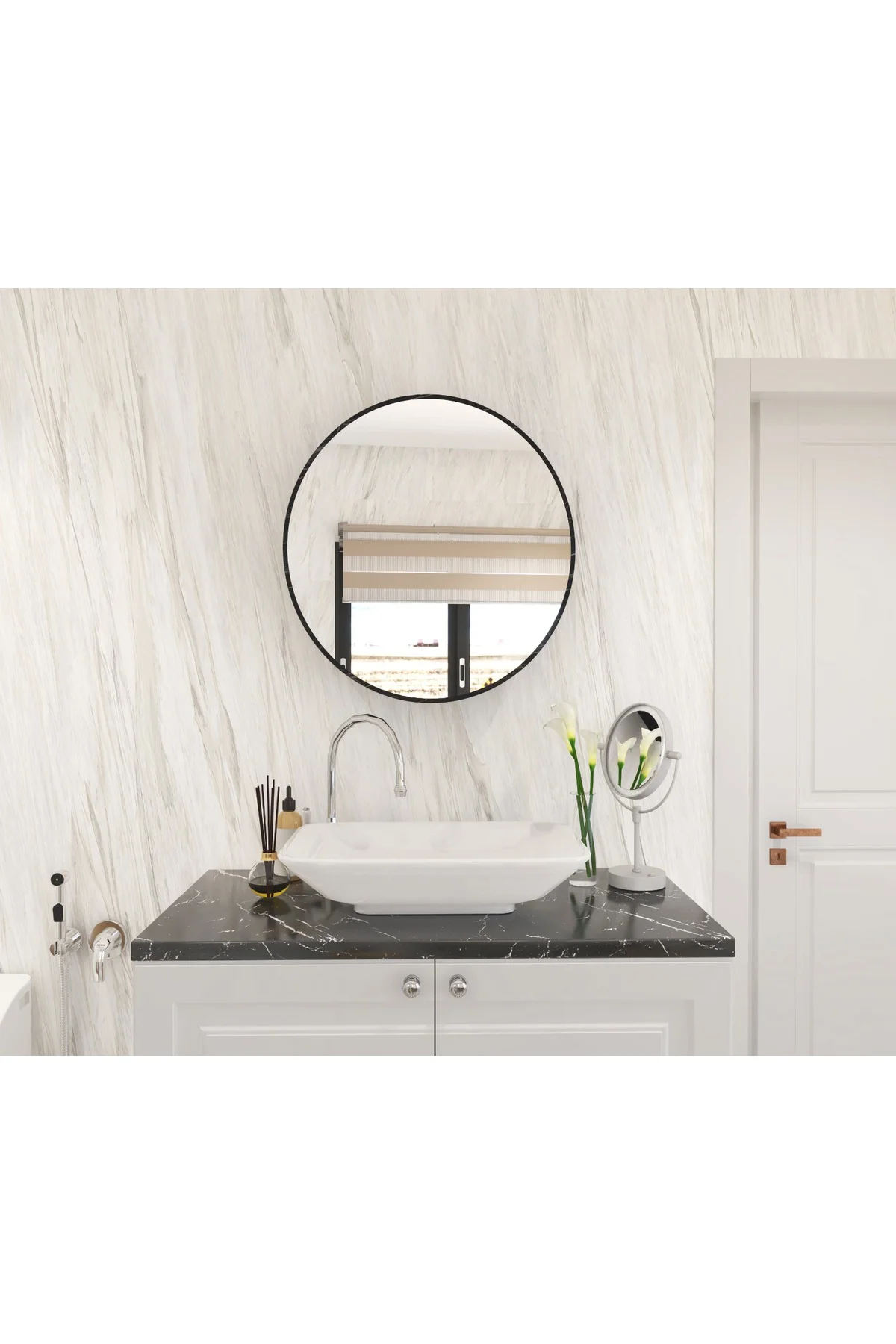 oval aynalı banyo dolabı-siyah mermer