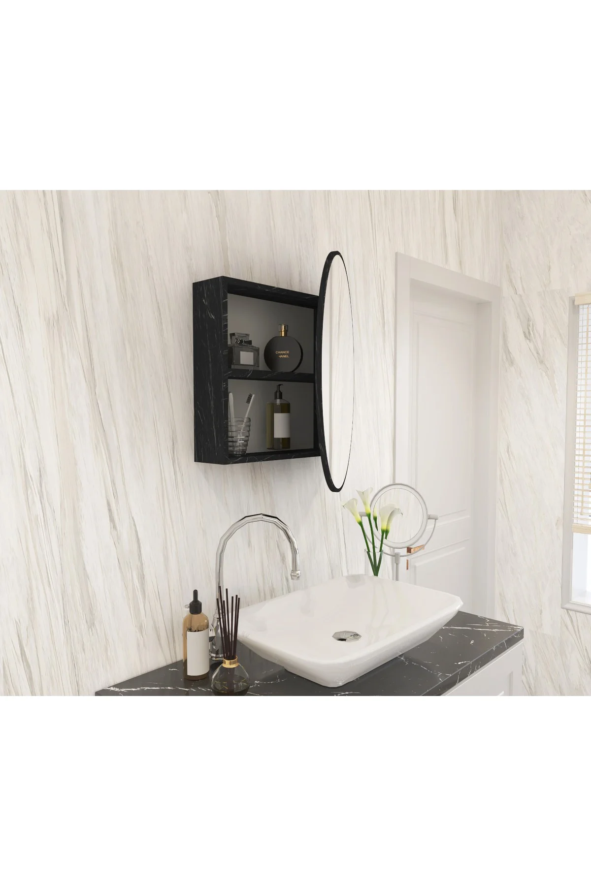 oval aynalı banyo dolabı-siyah mermer