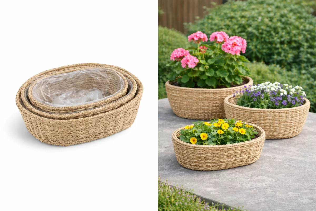 Oval Doğal Hasır Saksı Seti (3'lü) İç İçe Geçebilen Çiçek Desenli