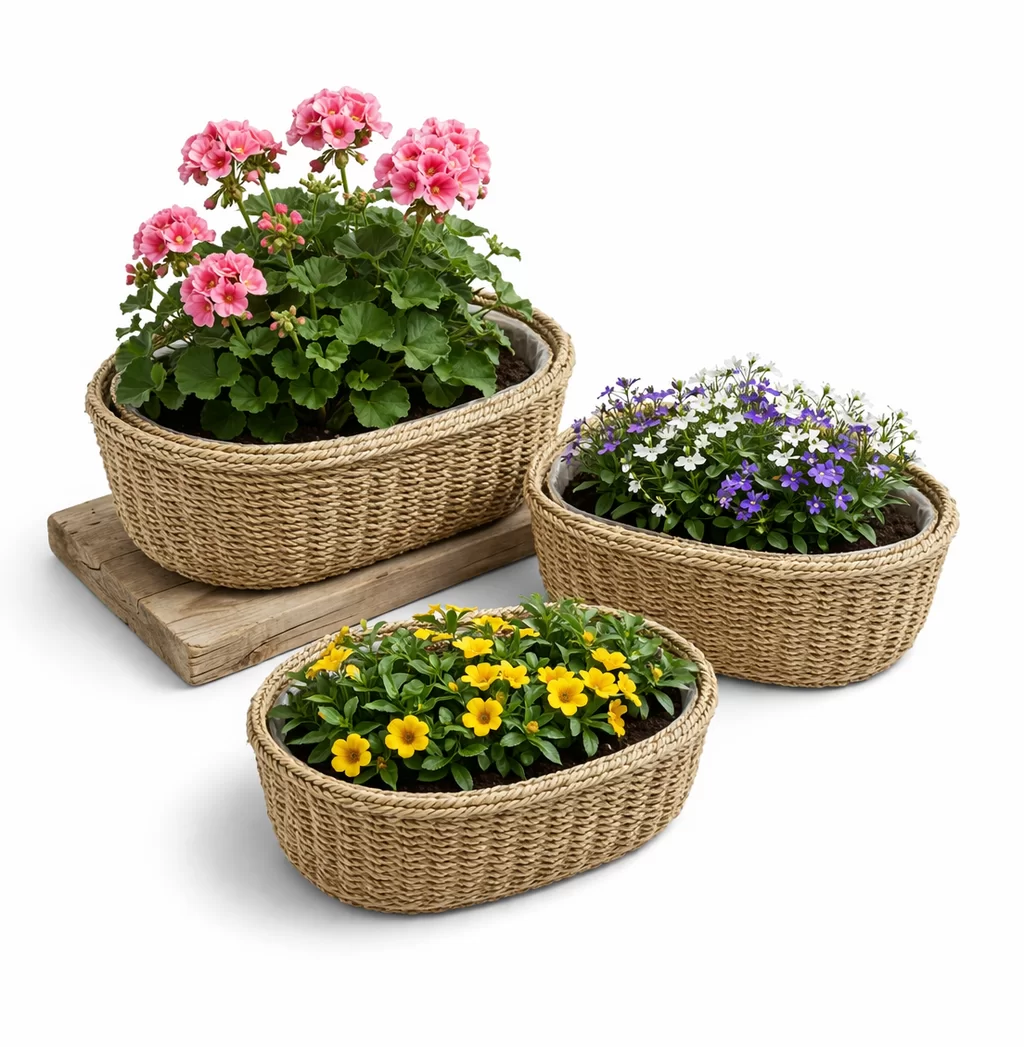 Oval Doğal Hasır Saksı Seti (3'lü) İç İçe Geçebilen Çiçek Desenli