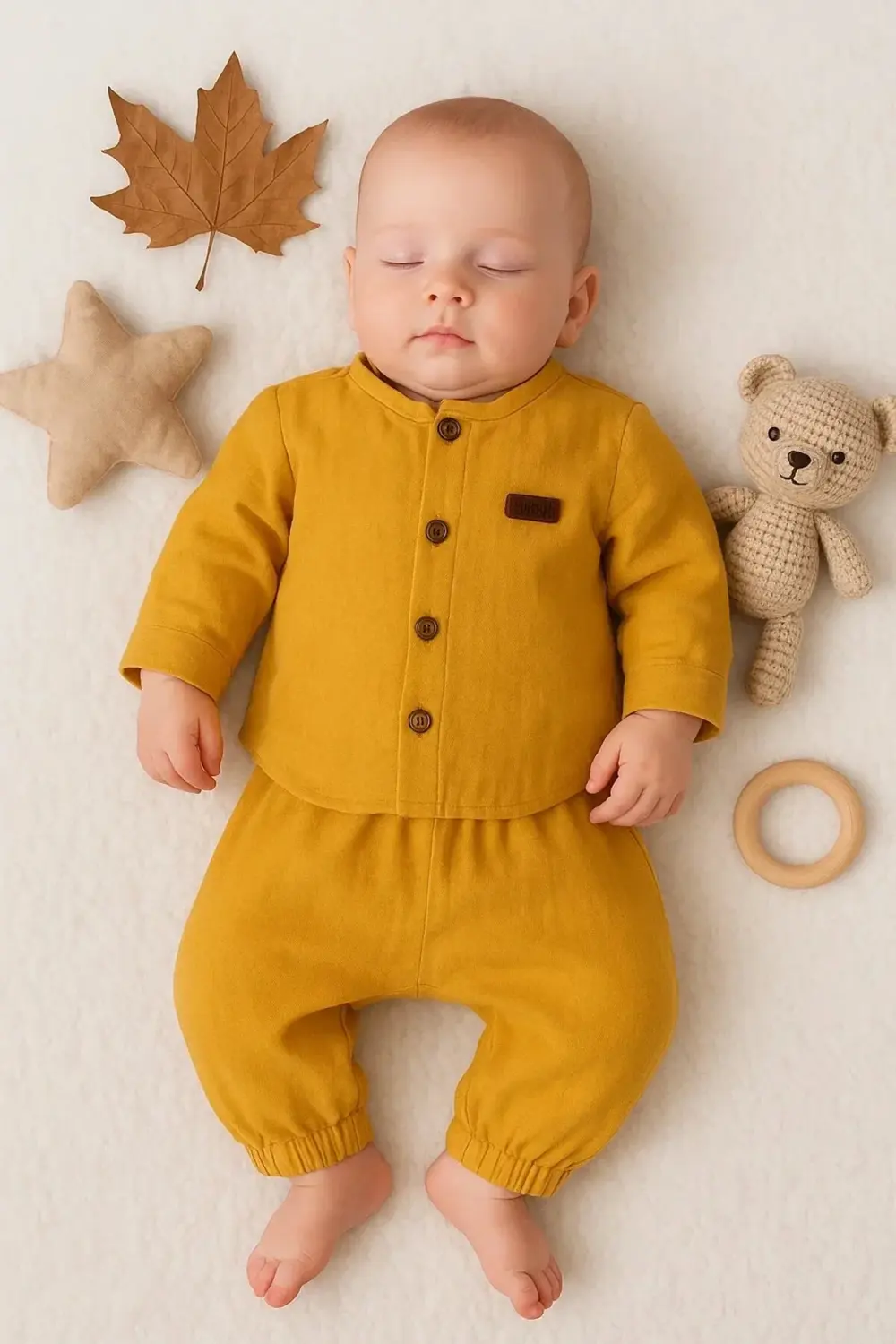 Oval Kesim 5 Düğmeli Müslin Kumaş 2'li Erkek Bebek Takımı