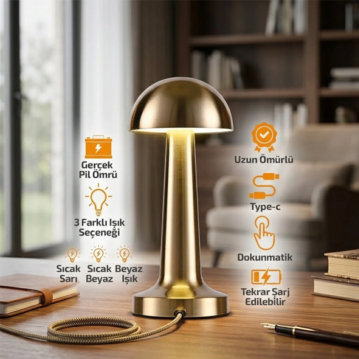 Oval - Metal Mantar Masa Lambası Dokunmatik - Renkli Type-c Şarjlı 3 Fonksiyonlu Yl86-1231 Bx40 Fiyatı, Yorumları ve Özellikleri