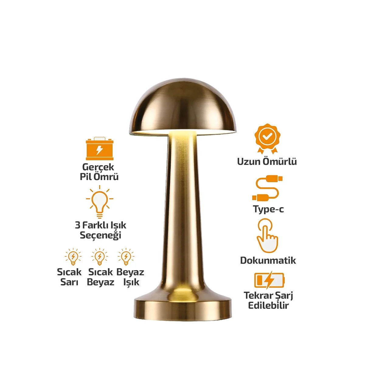 Oval - Metal Mantar Masa Lambası Dokunmatik - Renkli Type-c Şarjlı 3 Fonksiyonlu Yl86-1231 Bx40 Fiyatı, Yorumları ve Özellikleri