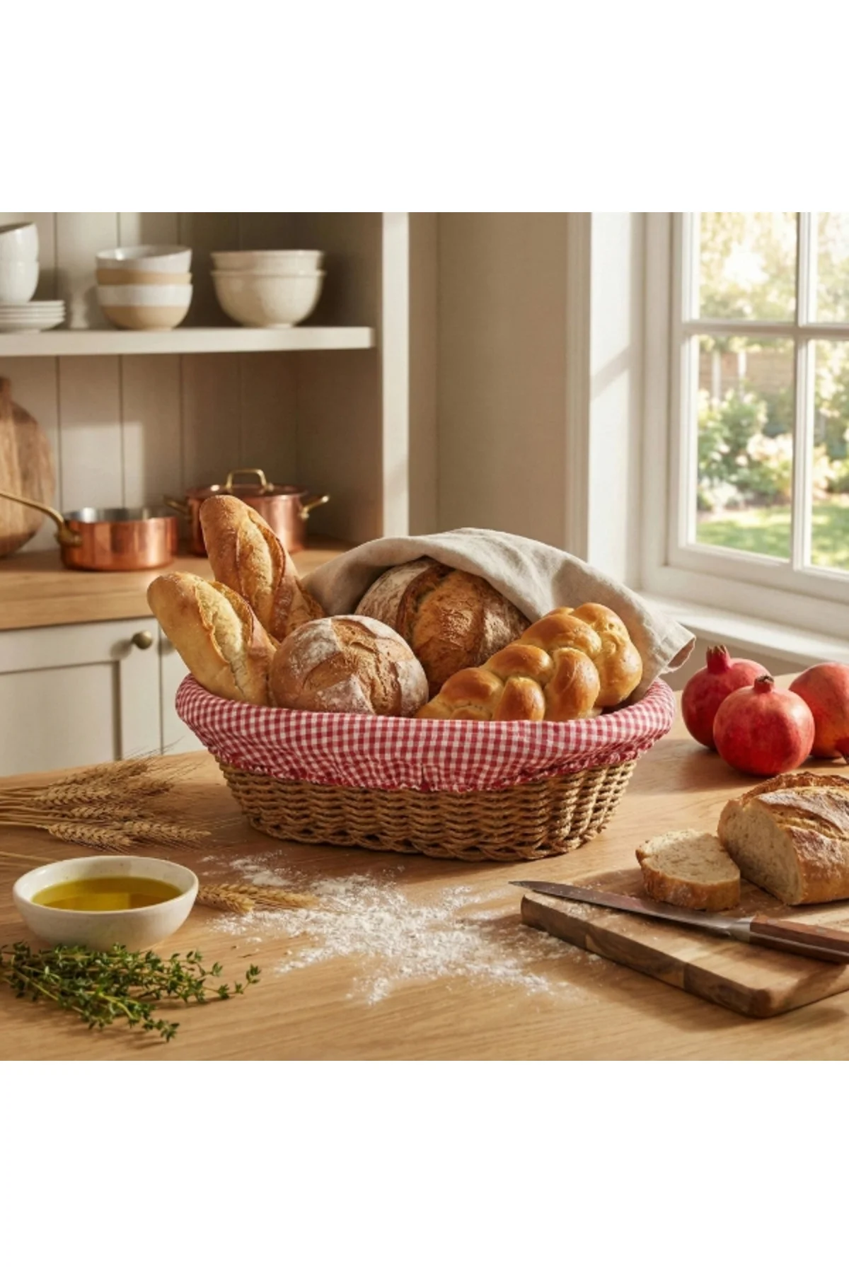 Oval Renkli Bezli İp Hasır Ekmek Sepeti