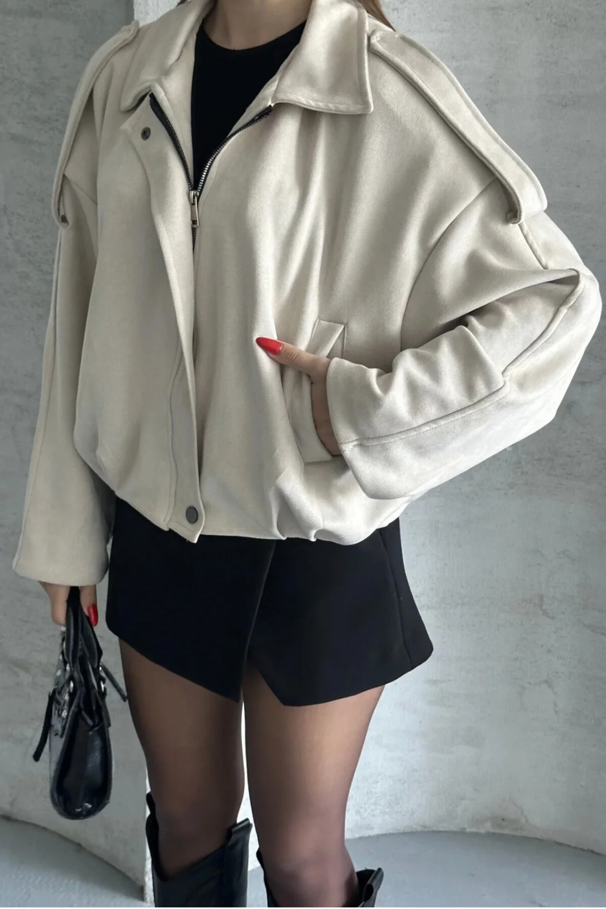 Oversize Apolet Detaylı Süet Kumaş Ceket