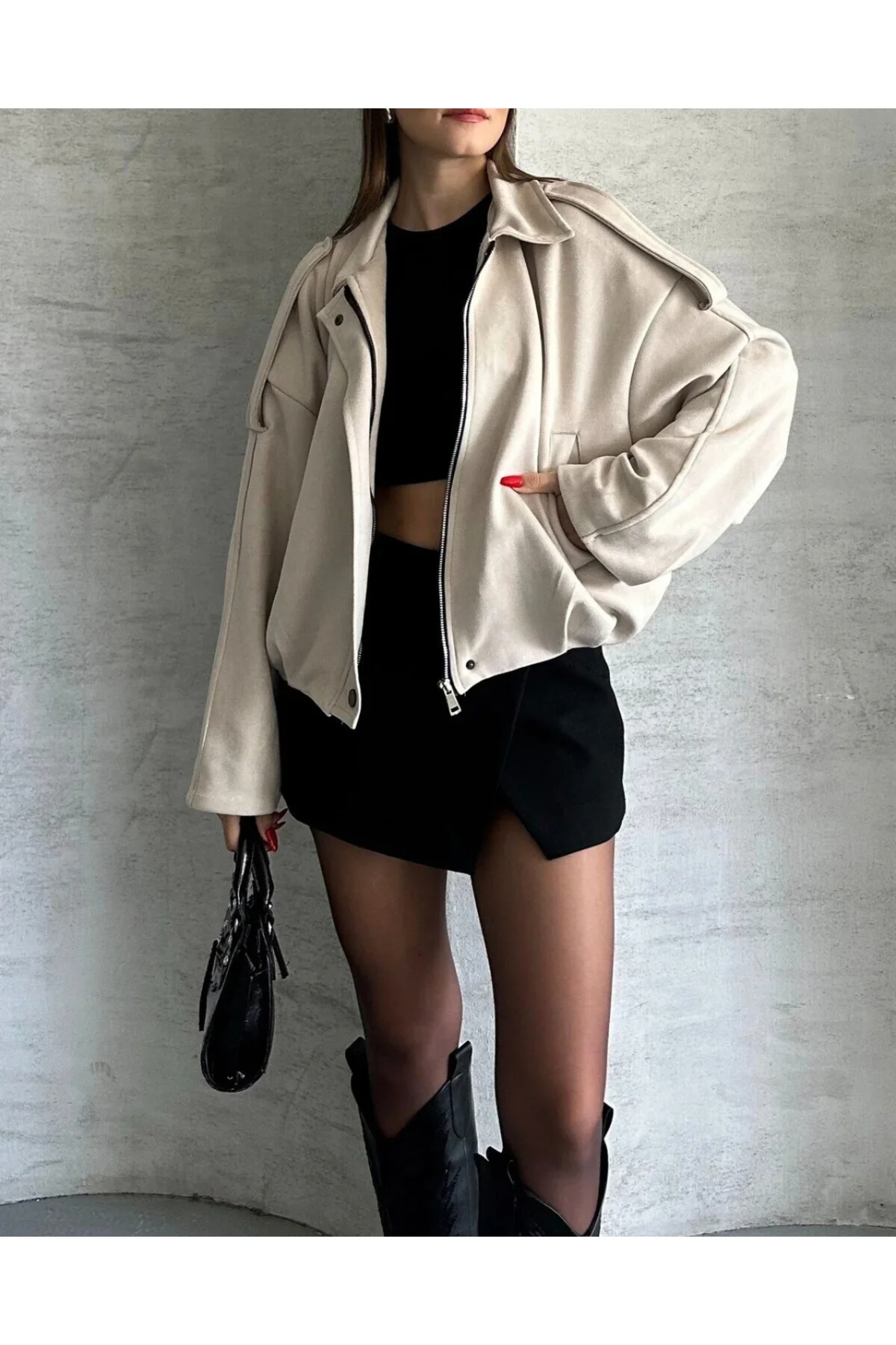 Oversize Apolet Detaylı Süet Kumaş Ceket