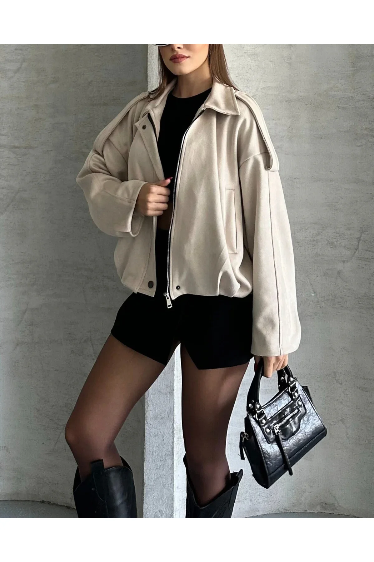 Oversize Apolet Detaylı Süet Kumaş Ceket