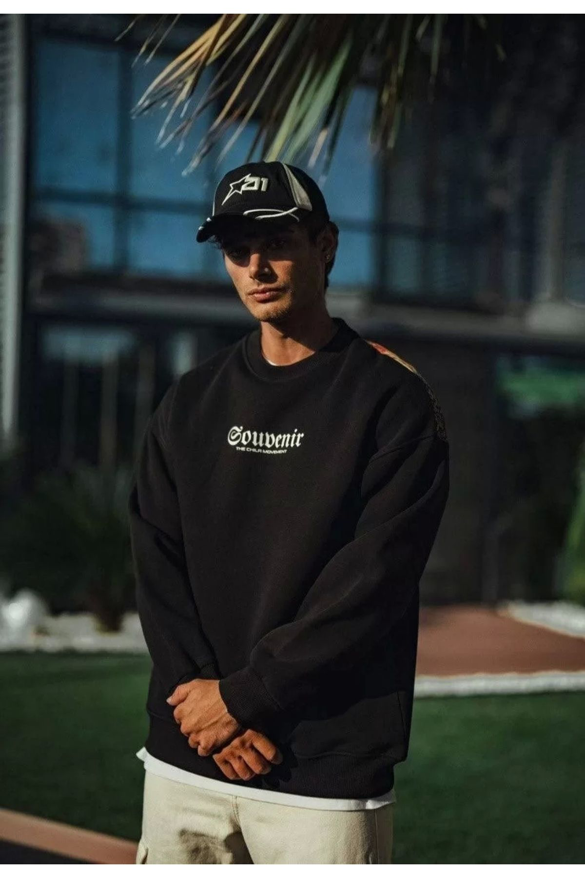 Oversize Bisiklet Yaka Baskılı SweatShirt - Siyah